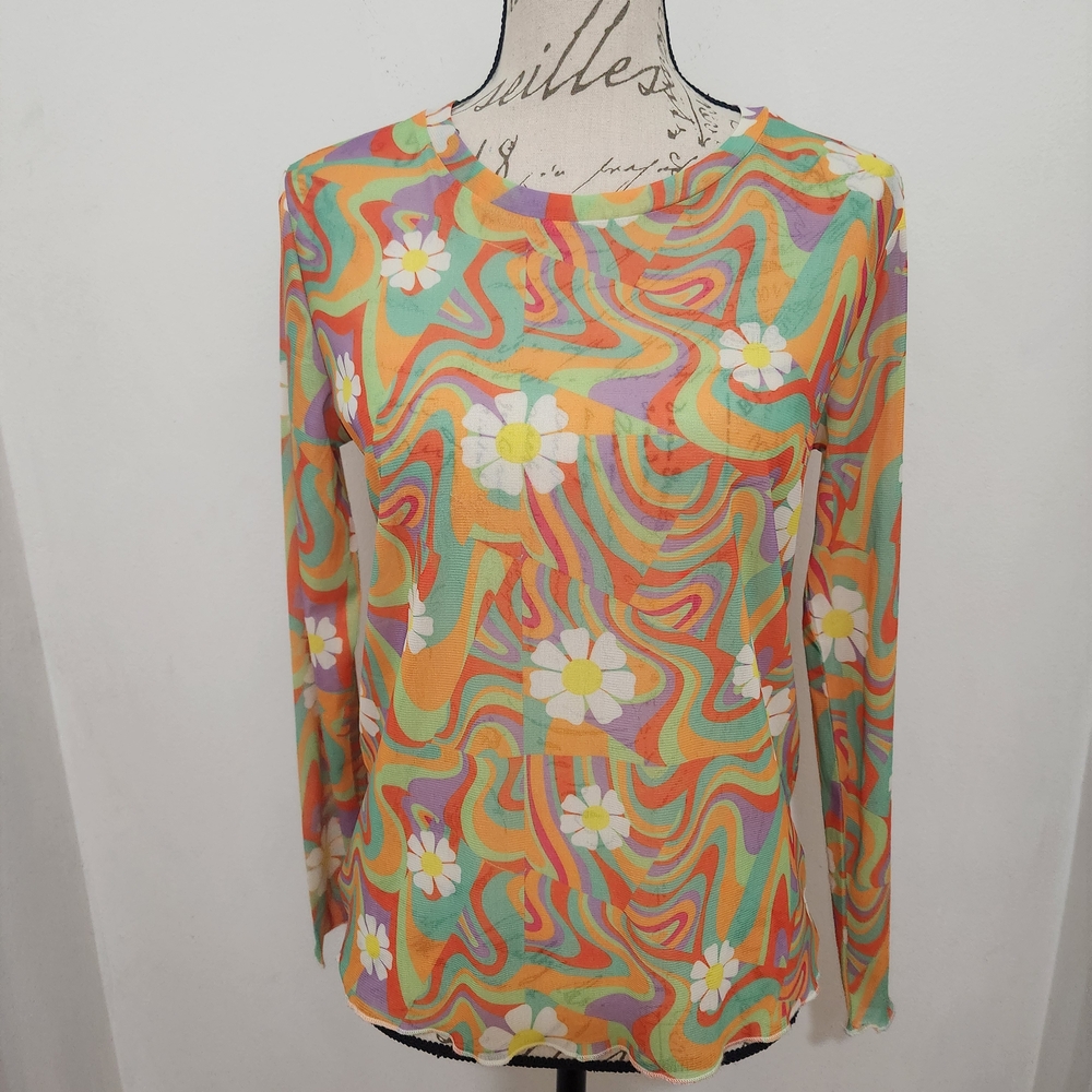 Groovy 70s Psychedelic Daisy Longsleeve Sheer Edm Music Festival Top.